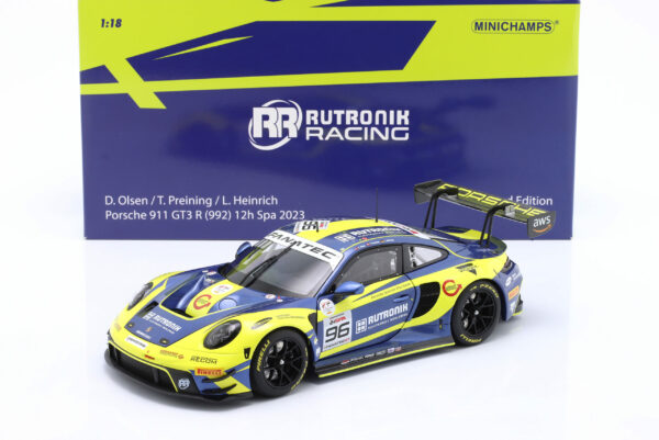 Porsche 911 GT3 R #96 Rutronik Racing 24h Spa 2023 Olsen, Heinrich, Preining 1:18 Minichamps